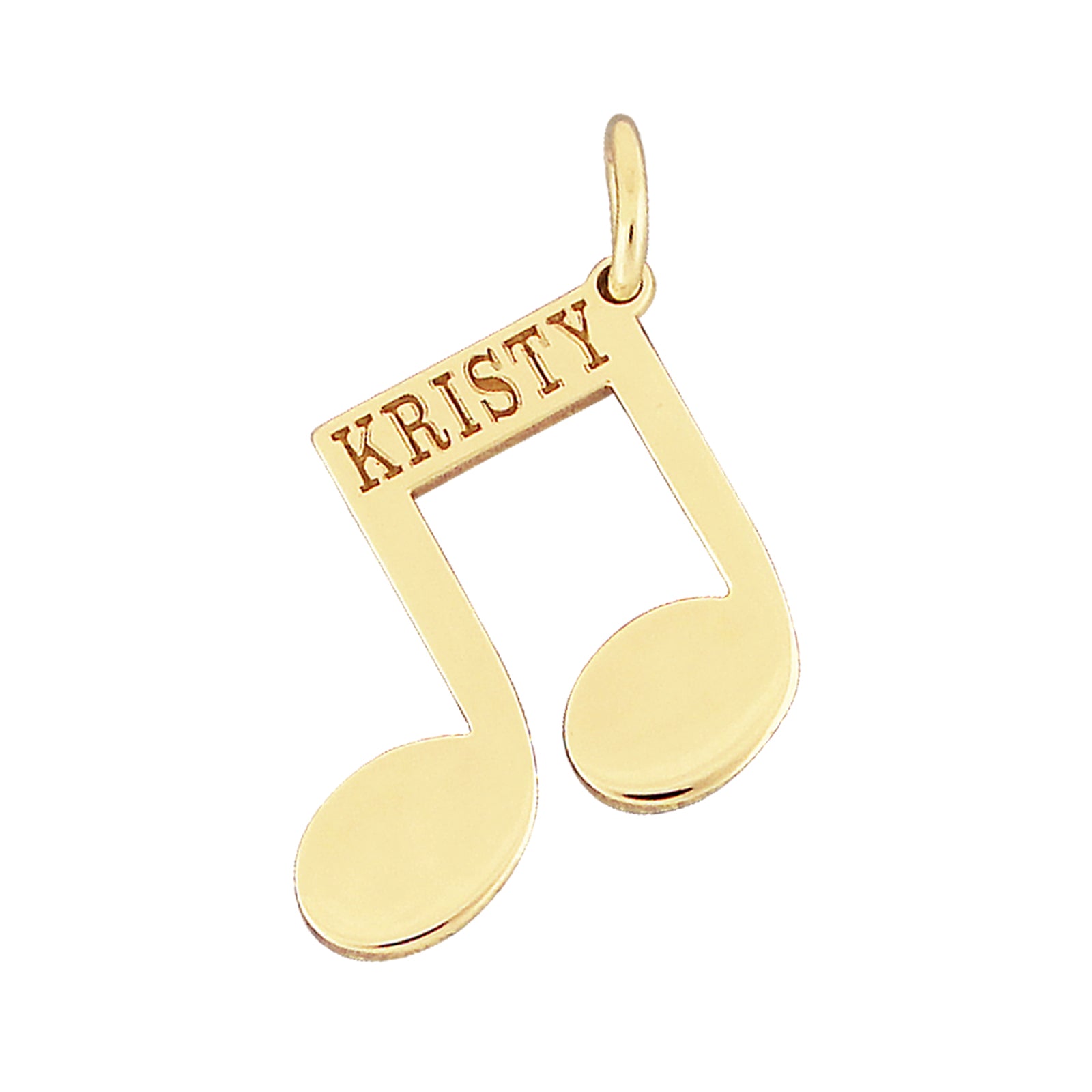 Personalized solid gold music note pendant engraved with custom name KRISTY