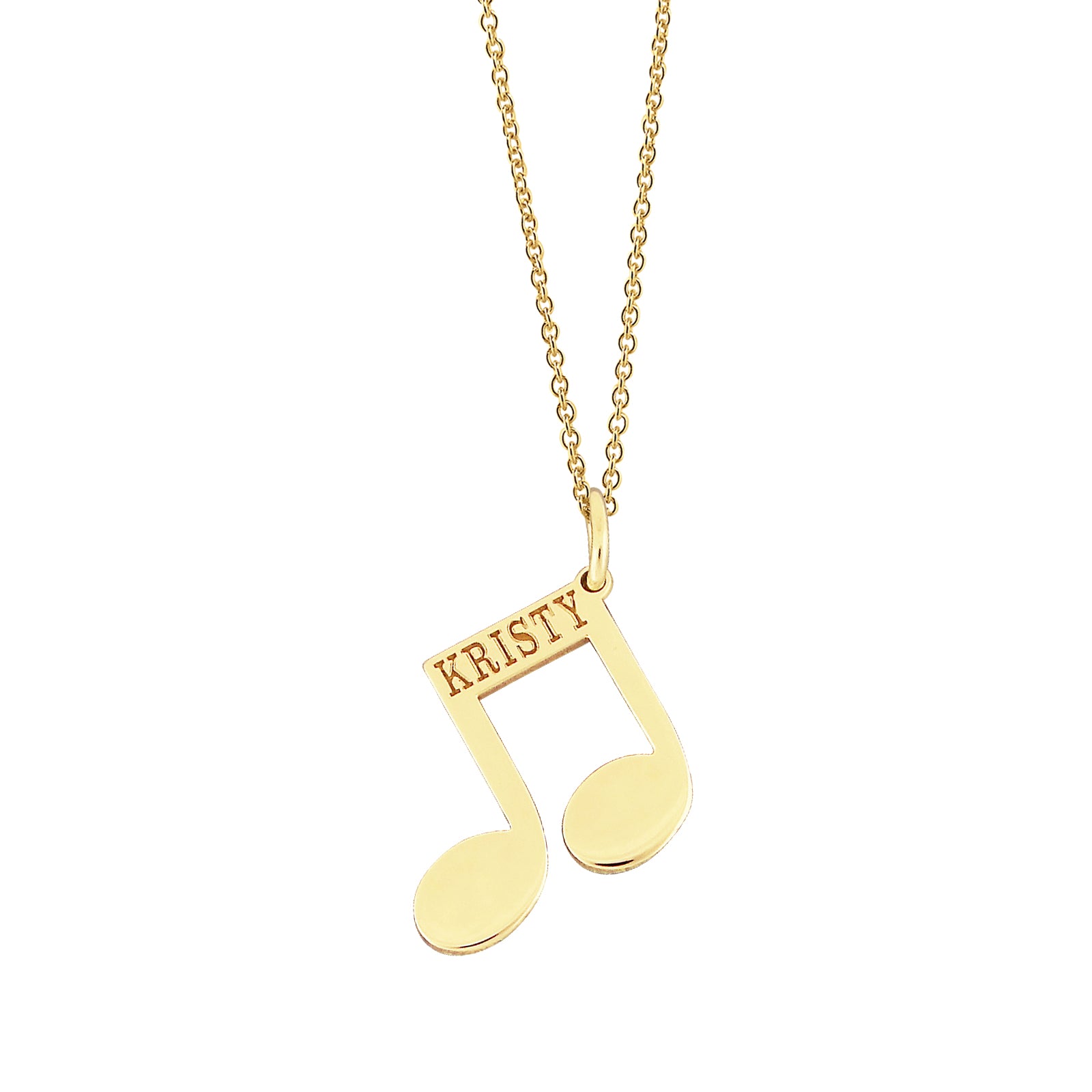 Personalized solid gold music note pendant engraved with custom name KRISTY