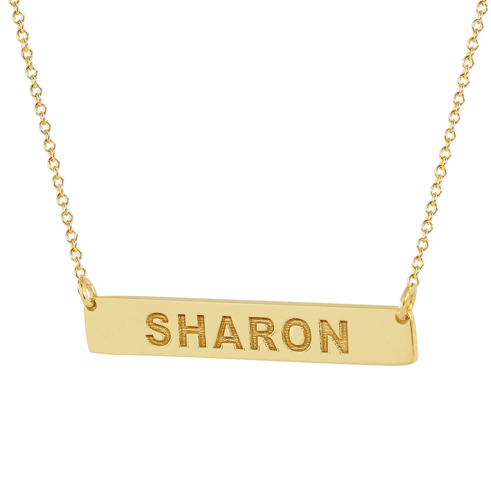 Custom engraved 10k solid gold extra small horizontal bar necklace with SHARON name engraving