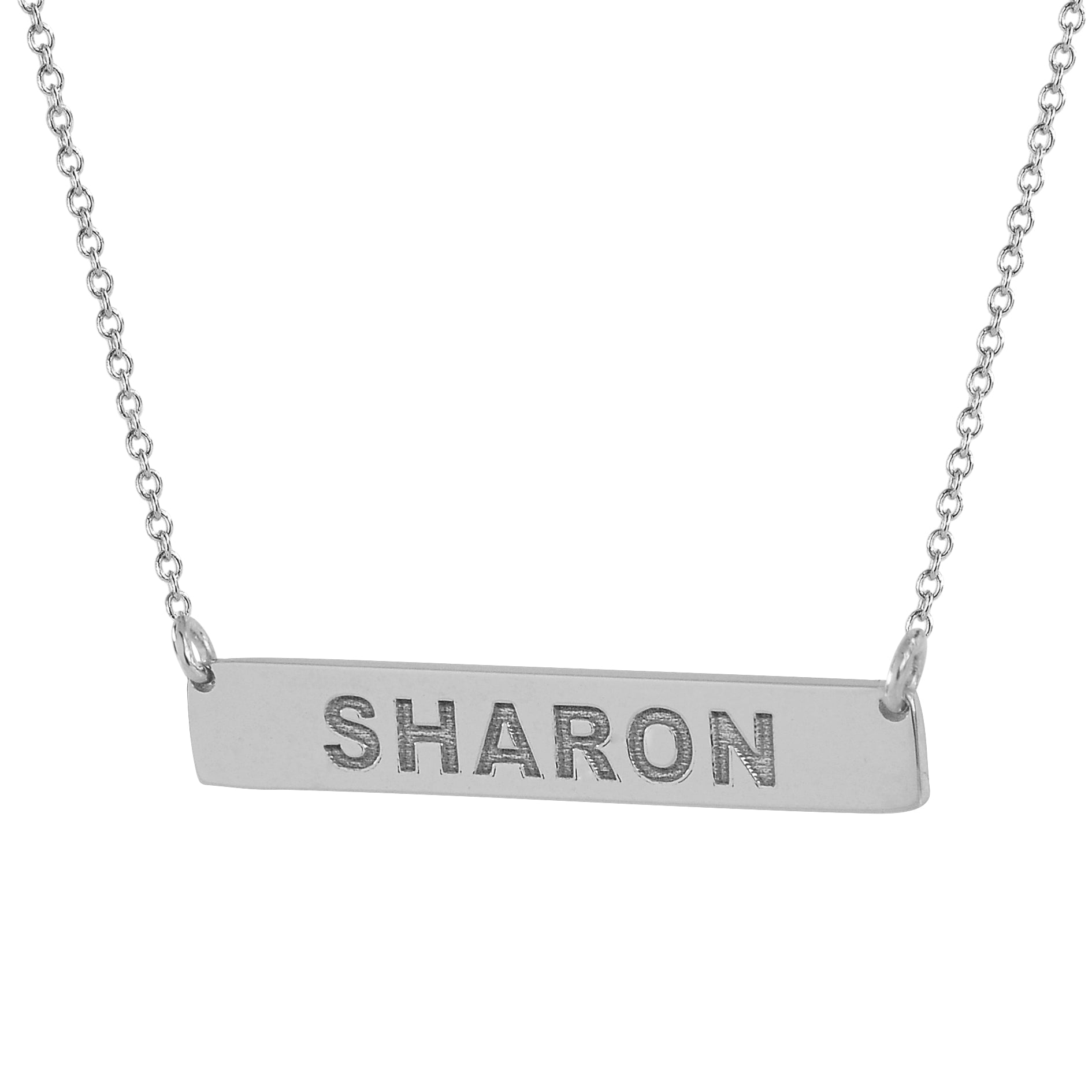 Delicate solid white gold horizontal bar pendant showing custom name engraving on a sturdy split chain