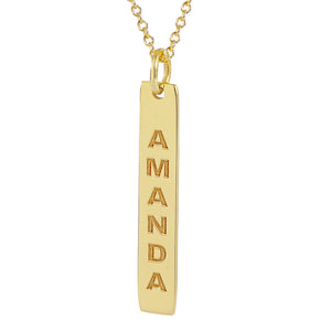 Solid 14k yellow gold vertical bar necklace engraved vertically