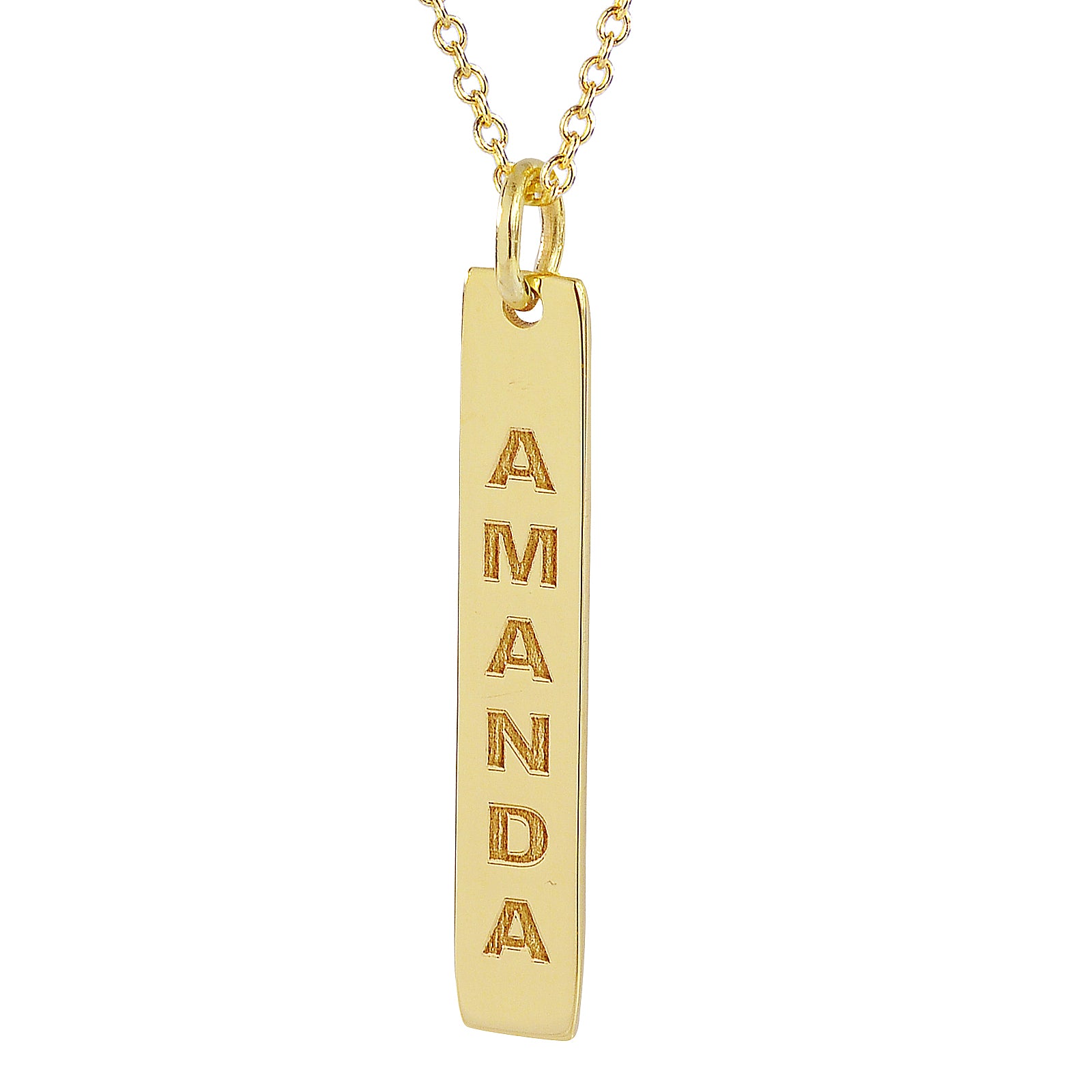 Solid 14k yellow gold vertical bar necklace engraved vertically