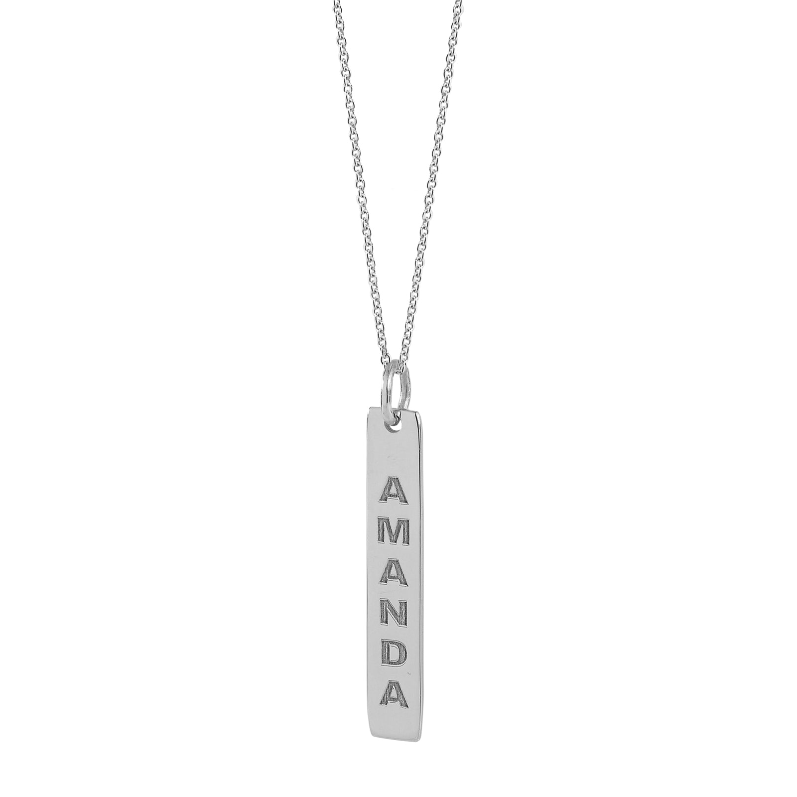 Solid 14k white gold vertical bar necklace engraved vertically with chain.