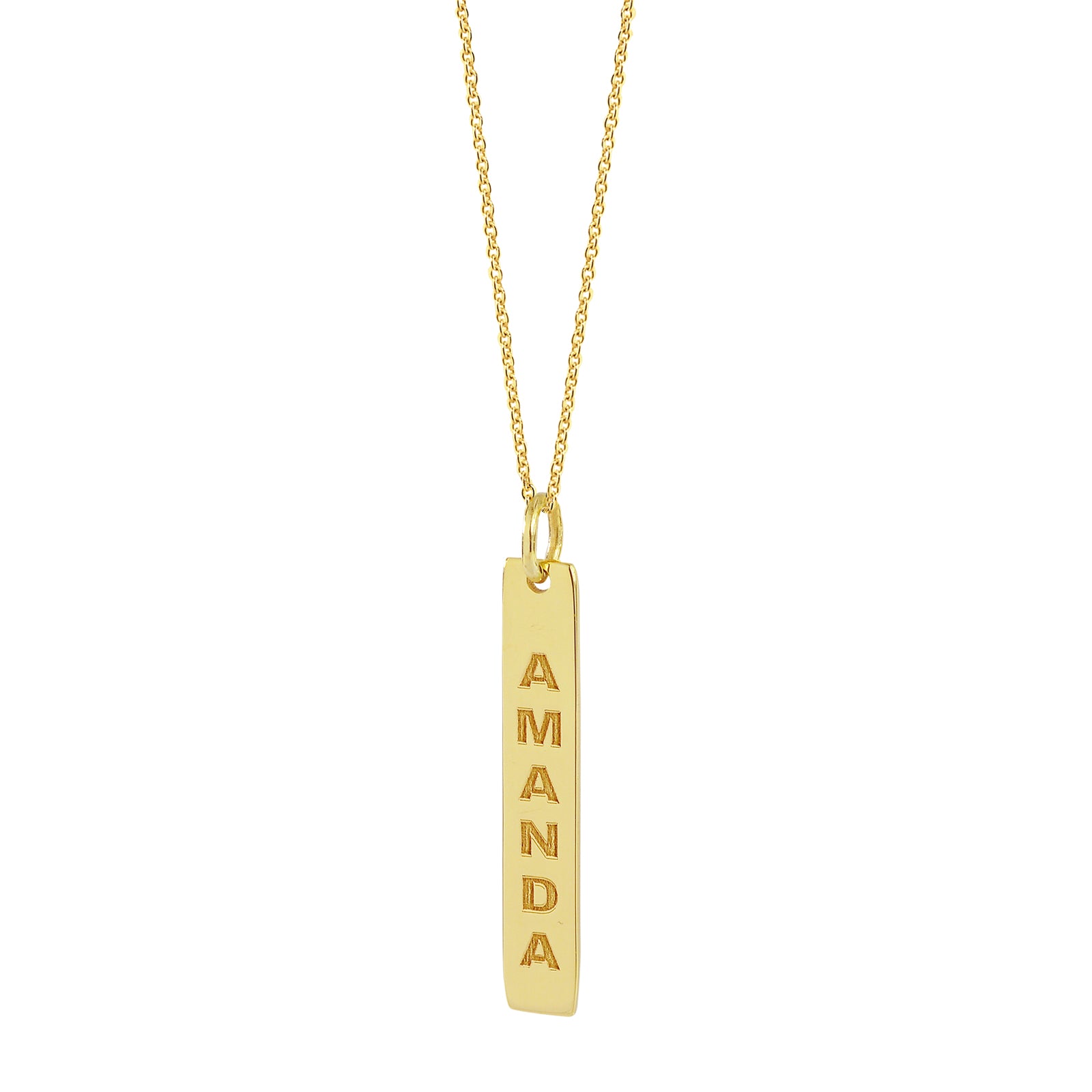 Solid 14k yellow gold vertical bar necklace engraved vertically with chain.