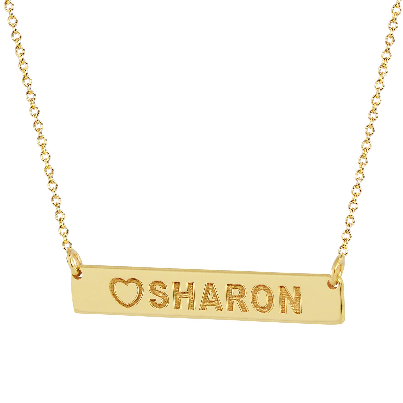 Custom 14k yellow gold horizontal bar necklace with heart and name laser engraved