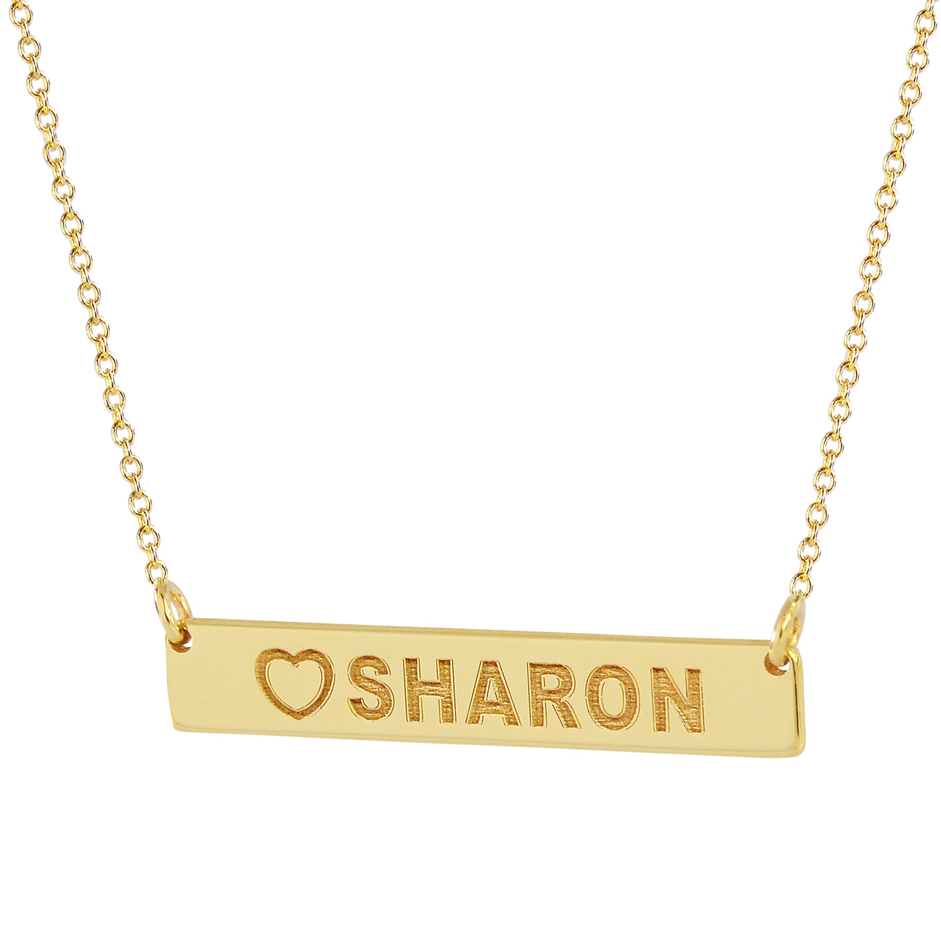 Custom 14k yellow gold horizontal bar necklace with heart and name laser engraved