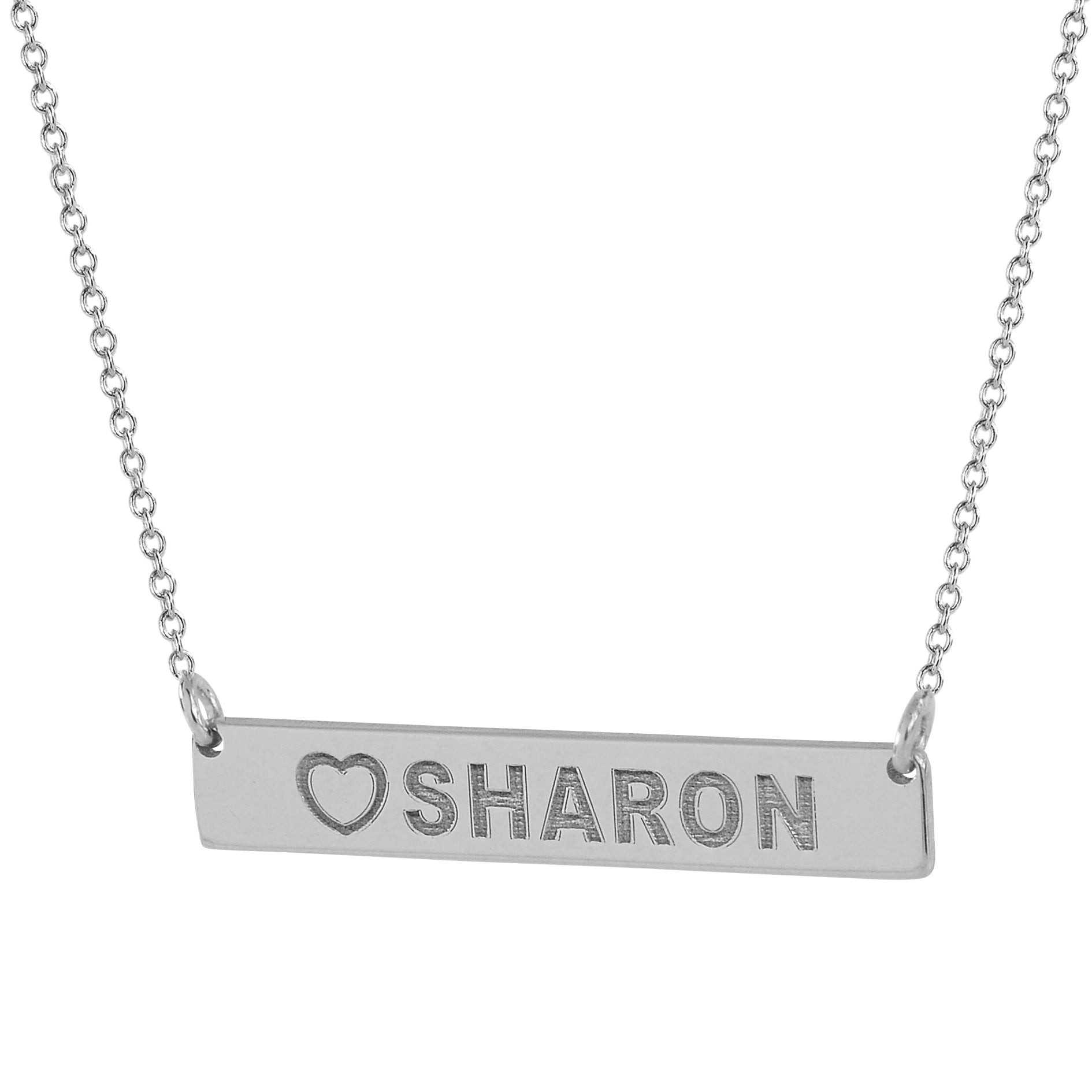 Close-up of solid white gold personalized heart name bar pendant