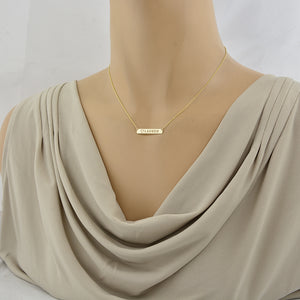 Minimalist dainty gold heart name bar necklace worn 15 inches