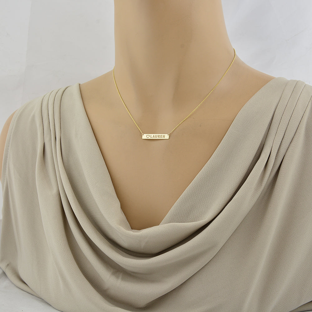 Minimalist dainty gold heart name bar necklace worn 15 inches