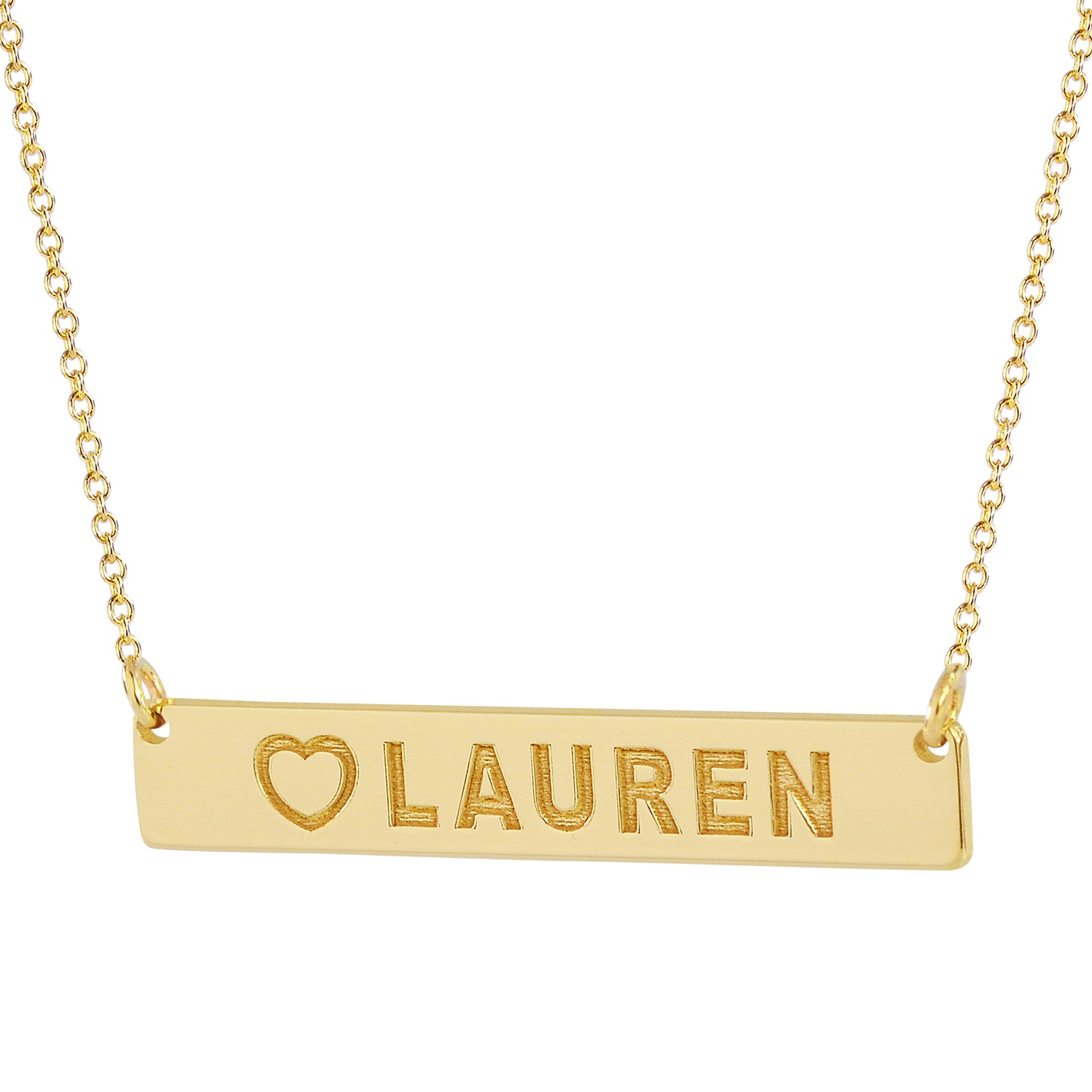 Personalized 14k yellow gold bar necklace engraved with heart and name LAUREN