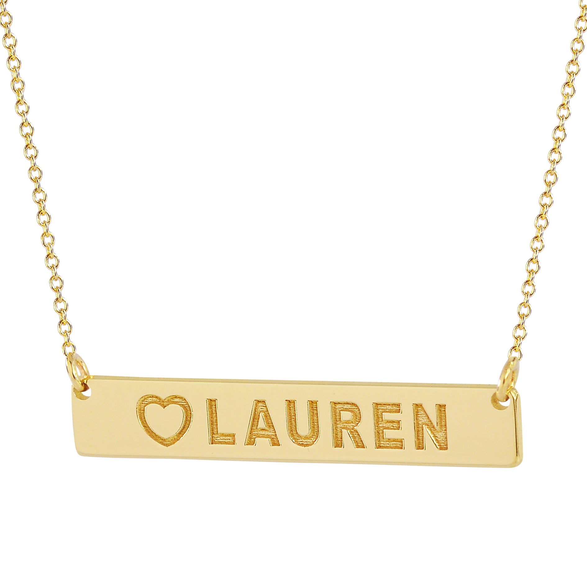 Personalized 14k yellow gold bar necklace engraved with heart and name LAUREN
