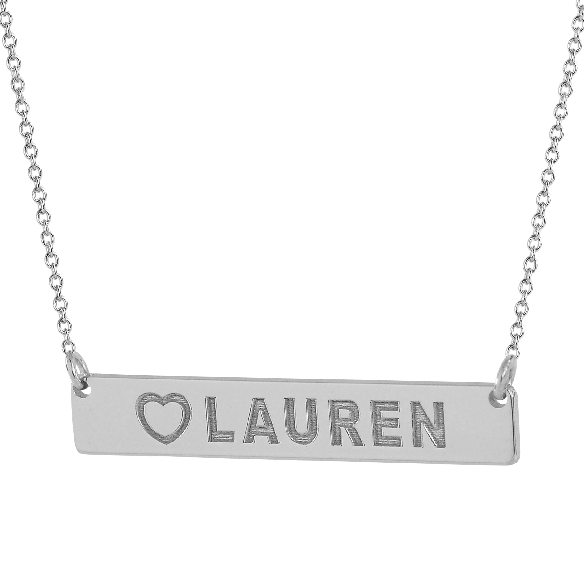 Personalized 14k white gold bar necklace engraved with heart