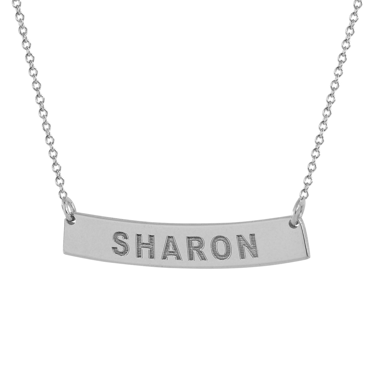 Close up detail of 14k solid white gold laser engraved nameplate bar pendant
