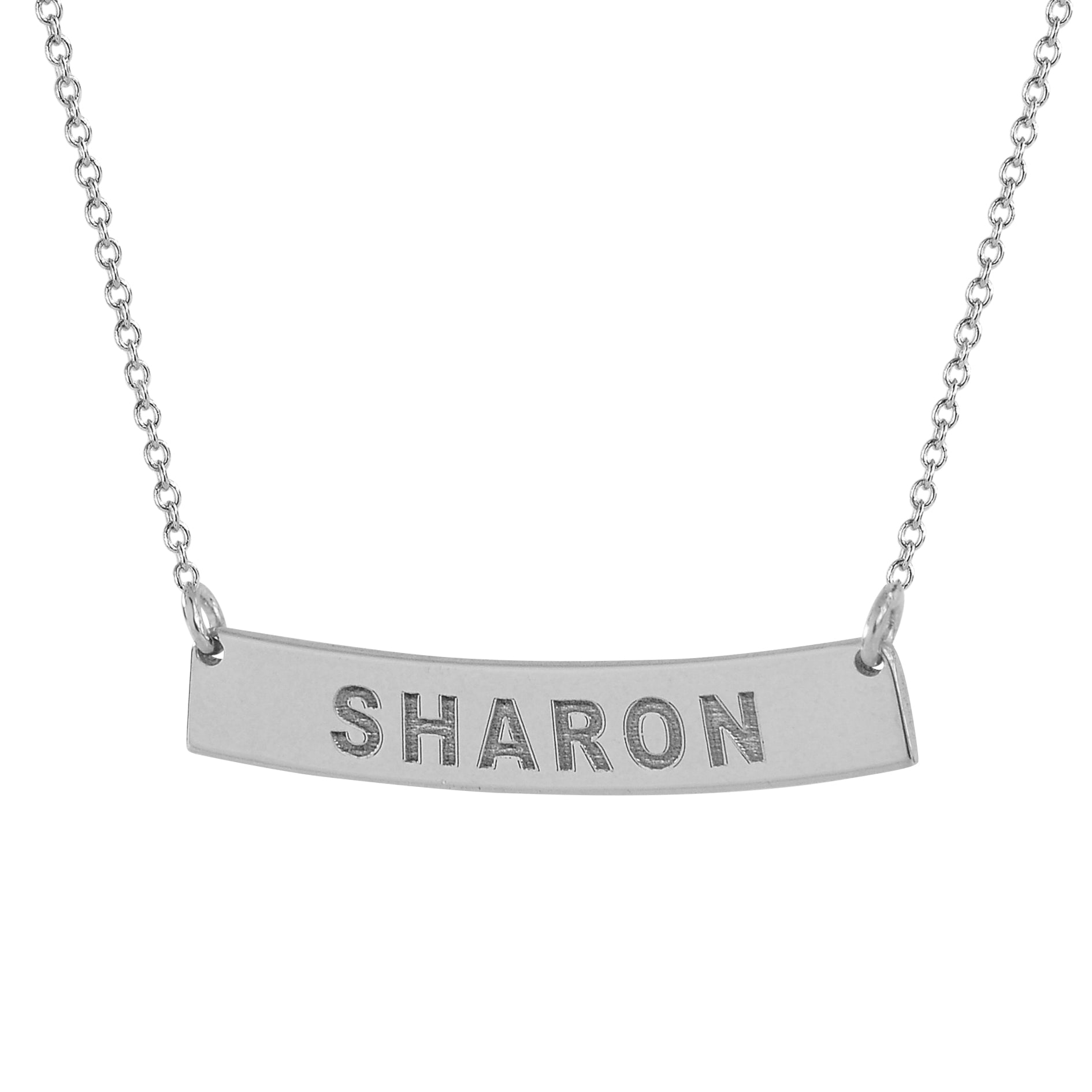 Close up detail of 14k solid white gold laser engraved nameplate bar pendant