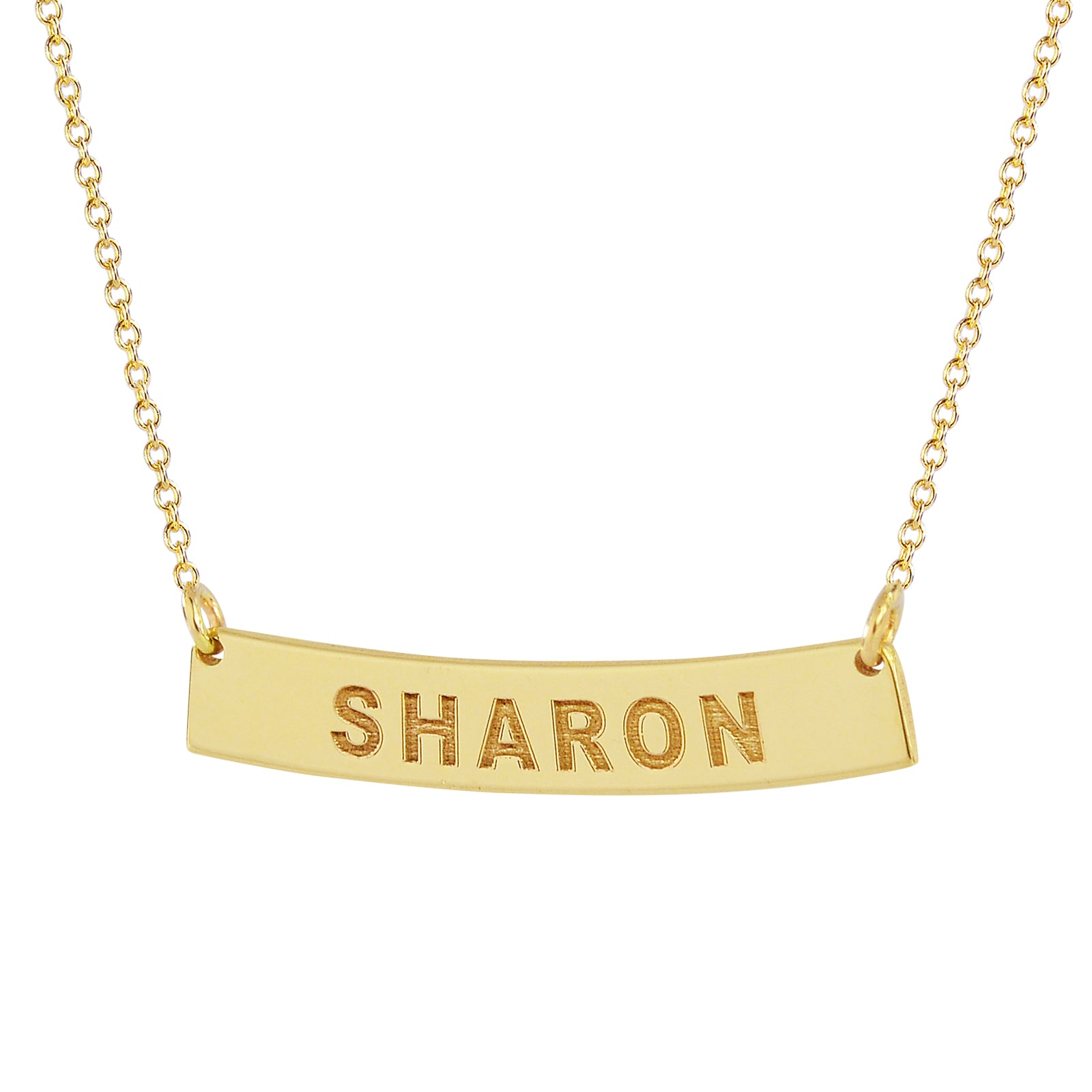 Dainty 10k yellow gold horizontal curved bar necklace engraved with SHARON on a slim rolo chain