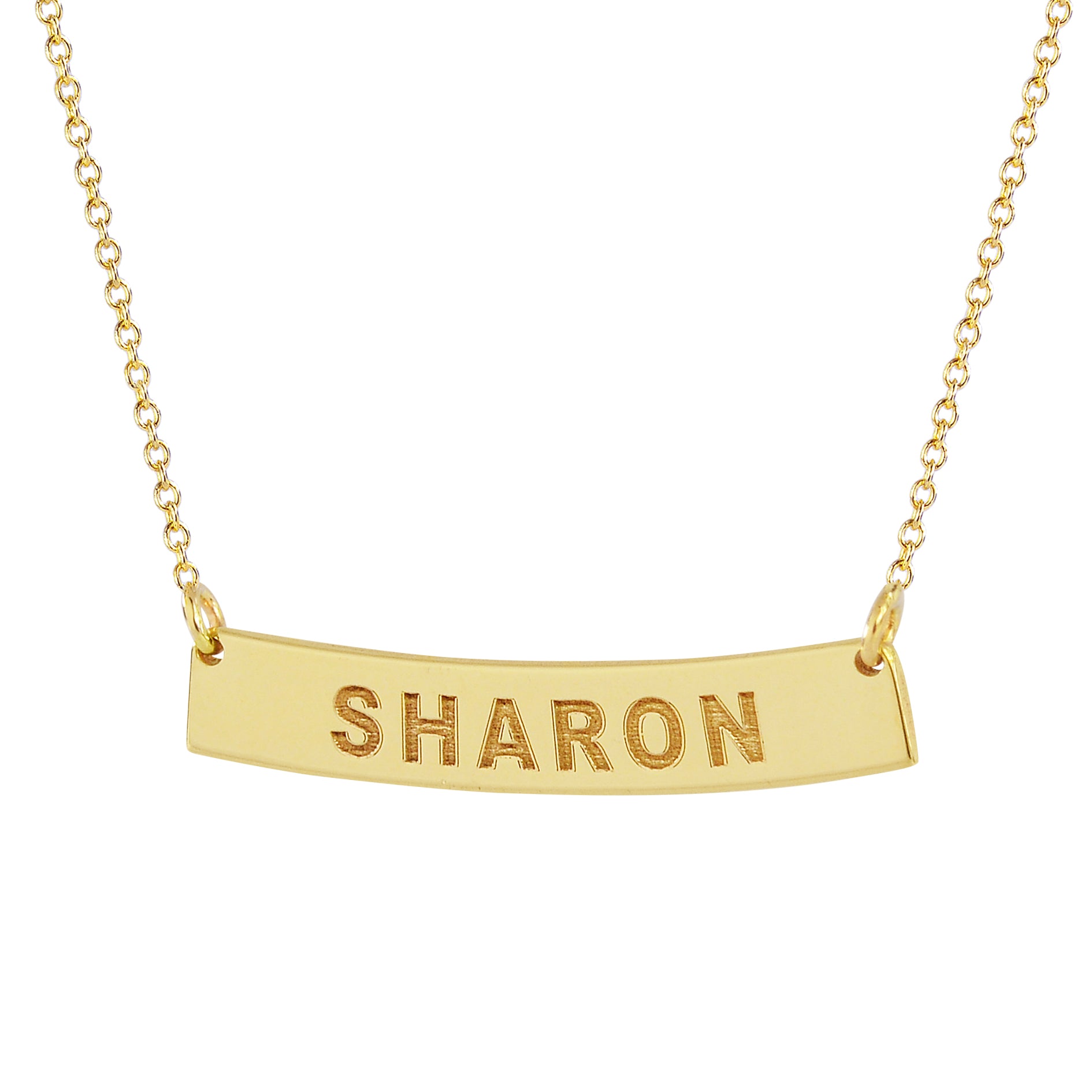 Dainty 10k yellow gold horizontal curved bar necklace engraved with SHARON on a slim rolo chain