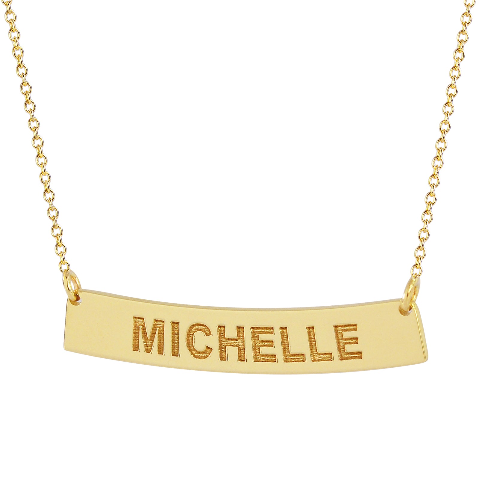 14k solid yellow gold curved bar necklace engraved with name Michelle