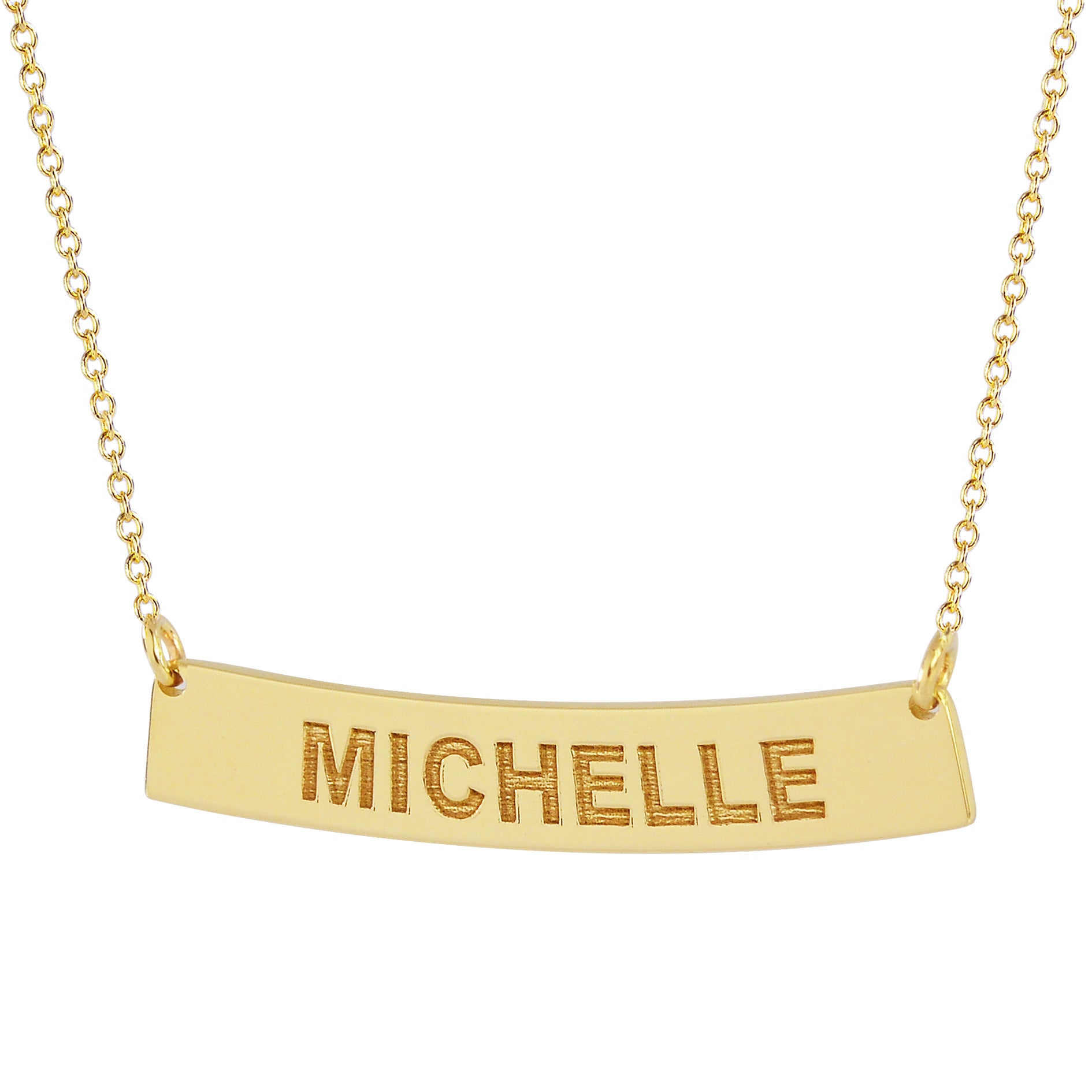 14k solid yellow gold curved bar necklace engraved with name Michelle
