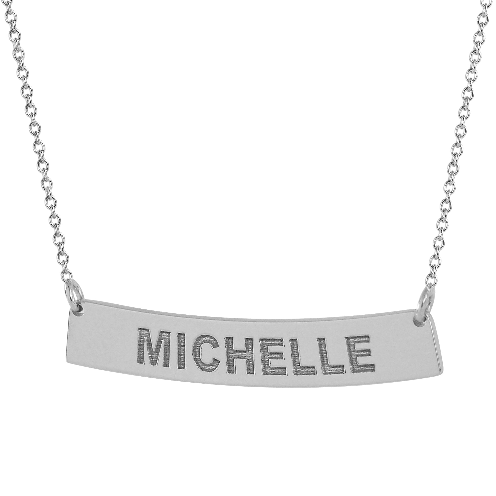 solid white gold curved bar necklace engraved