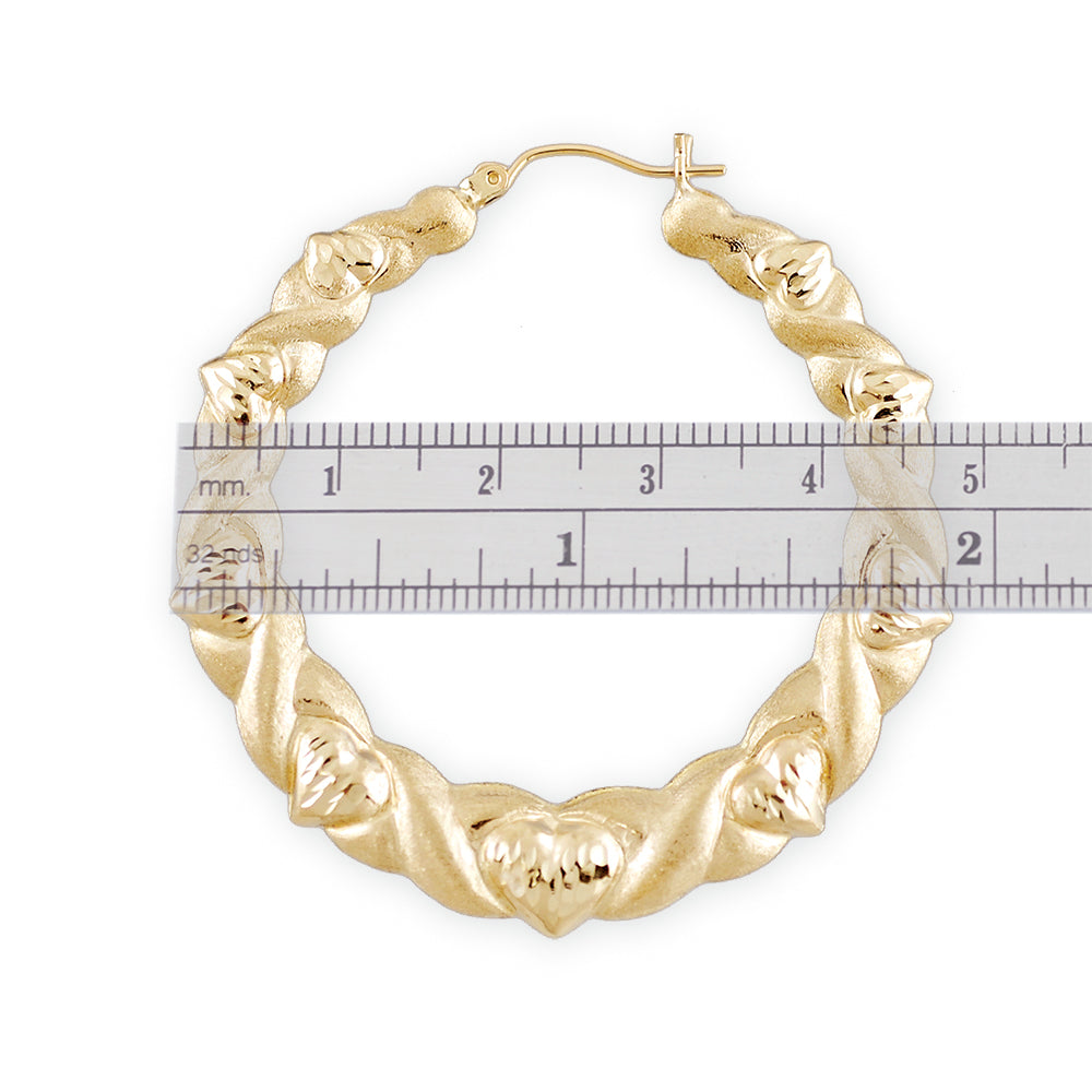 Real 10K XO Heart Gold Round Hollow Hoop Earrings 1.9 inches Diamond Cut kisses and hugs