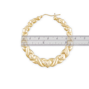 XO heart doorknocker hoop earrings with diamond-cut
