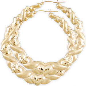 Large 10K yellow gold XO heart doorknocker hoop earrings with diamond-cut design