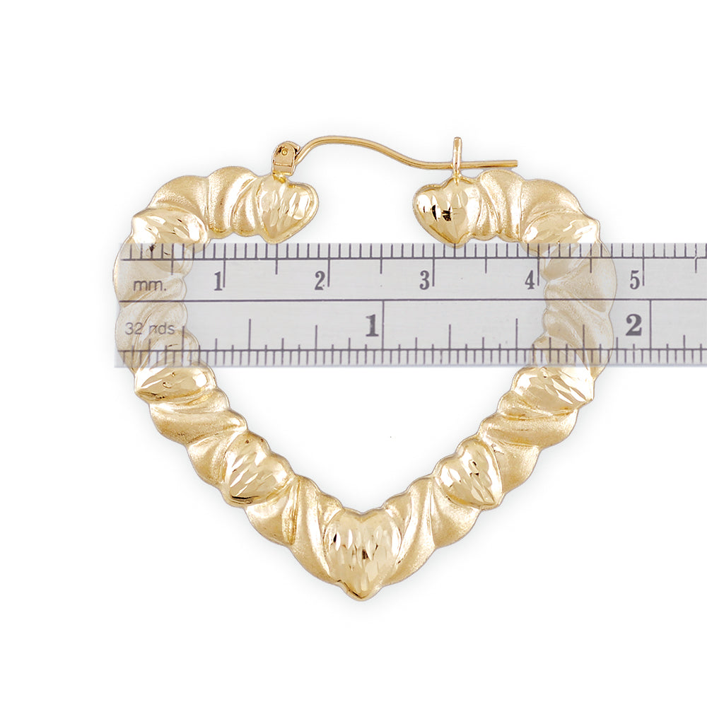 10k Real Gold XO Diamond Cuts Kisses and Hugs Heart Shape Hollow Earrings 1.9 Inches Wide.