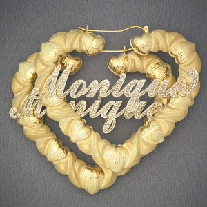 10K yellow gold iced out custom name heart hoop earrings with two-tone diamond-cut finish (3 inch)