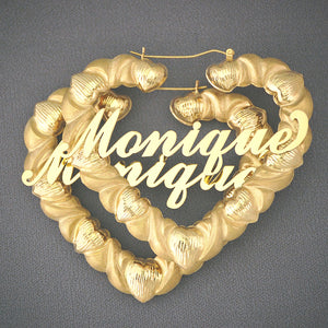 Custom 10k yellow gold personalized diamond cut heart door knocker earrings 3 inch