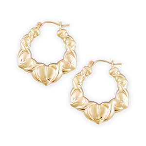 10K yellow gold XO heart door knocker earrings with diamond-cut detailing