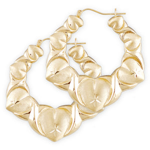 10K real gold XO heart puffy door knocker hoop earrings 1.9 inch wide