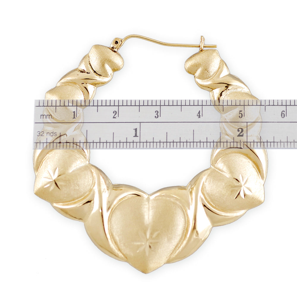 10K Real Gold XO Diamond-Cuts Heart Puffy Hollow Earrings 2.1 Inches Wide.