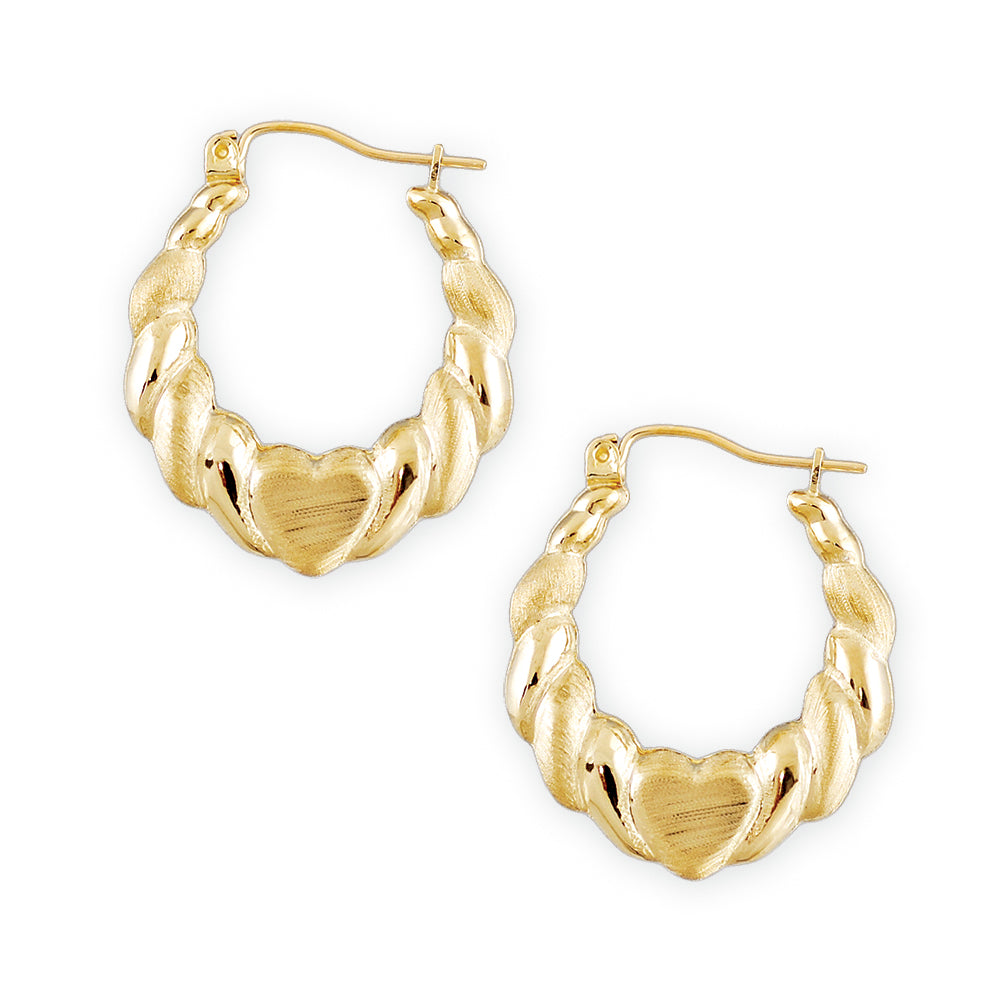 Small 10kt Gold Hollow Puffy Heart Drop Door Knocker Earrings 1 Inch Wide.