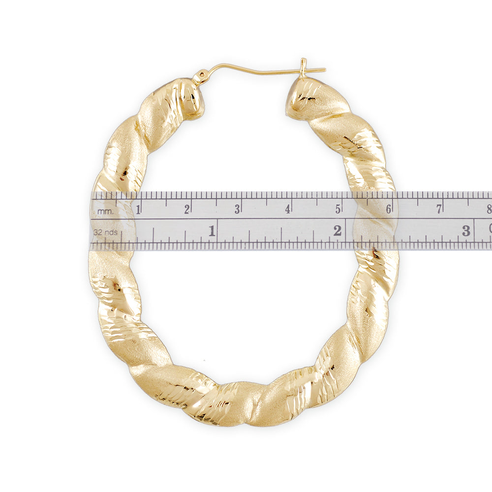 Large 10k Real Gold Twisted Diamond Cuts Door Knocker Oval Shape Drop Down Earrings 2.3 Inches wide