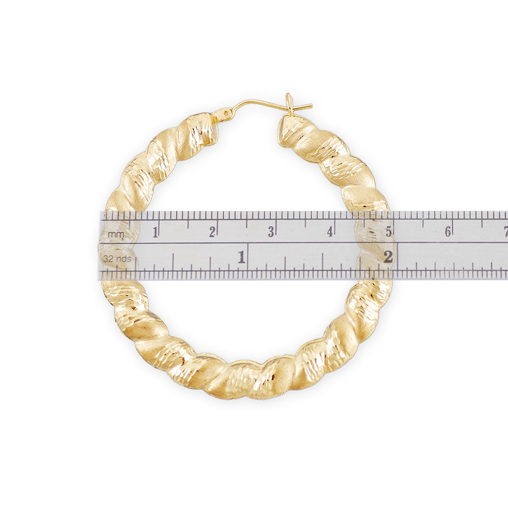 10k Gold Twisted Round Diamond Cuts Door Knocker Hollow Hoop Earrings 2 Inches