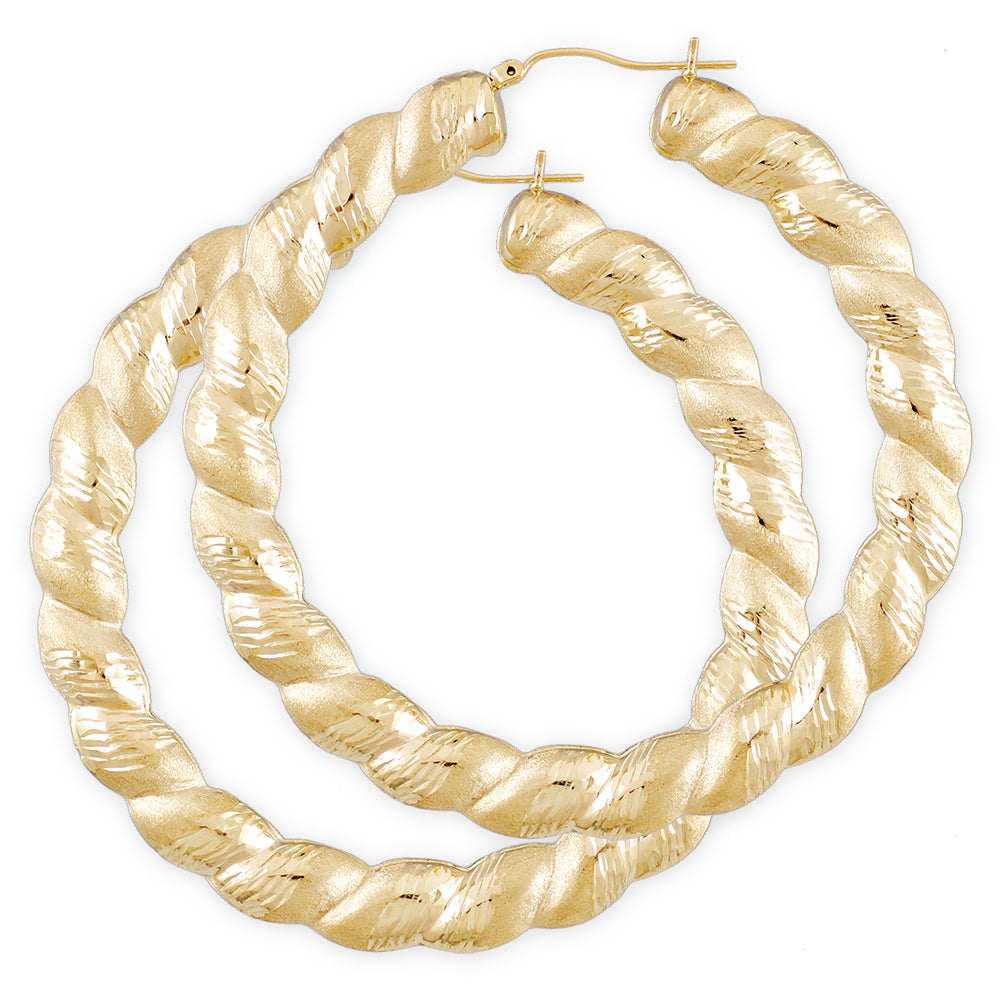 10k Large Real Gold Twisted Round Diamond Cuts Door Knocker Hollow Hoop Earrings 2.9 Inches.h