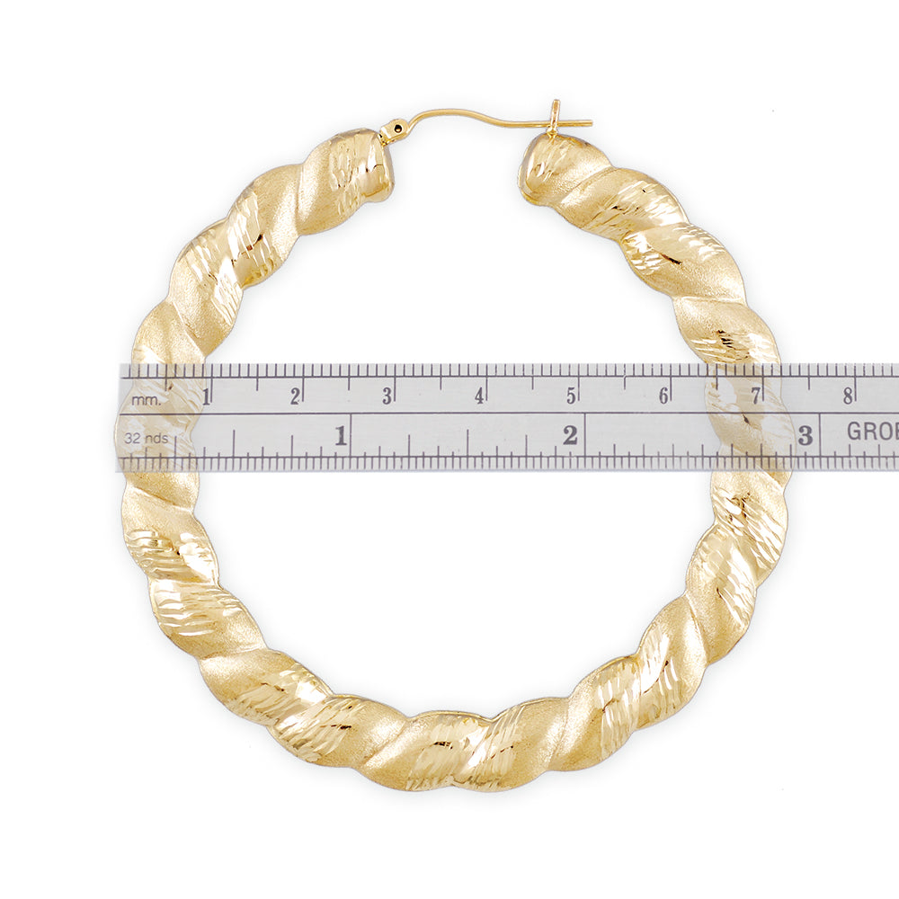 10k Large Real Gold Twisted Round Diamond Cuts Door Knocker Hollow Hoop Earrings 2.9 Inch