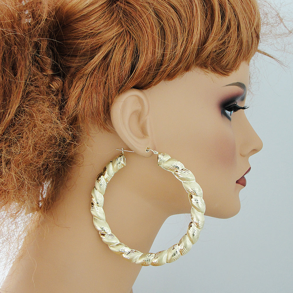Extra Large 10kt Real Gold Twisted Round Diamond Cuts Door Knocker hoop Earrings 3.3 Inches.