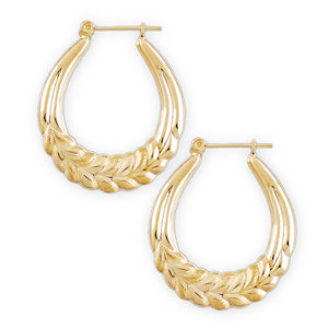 10K solid yellow gold wheat design door knocker hoop earrings 1 inch