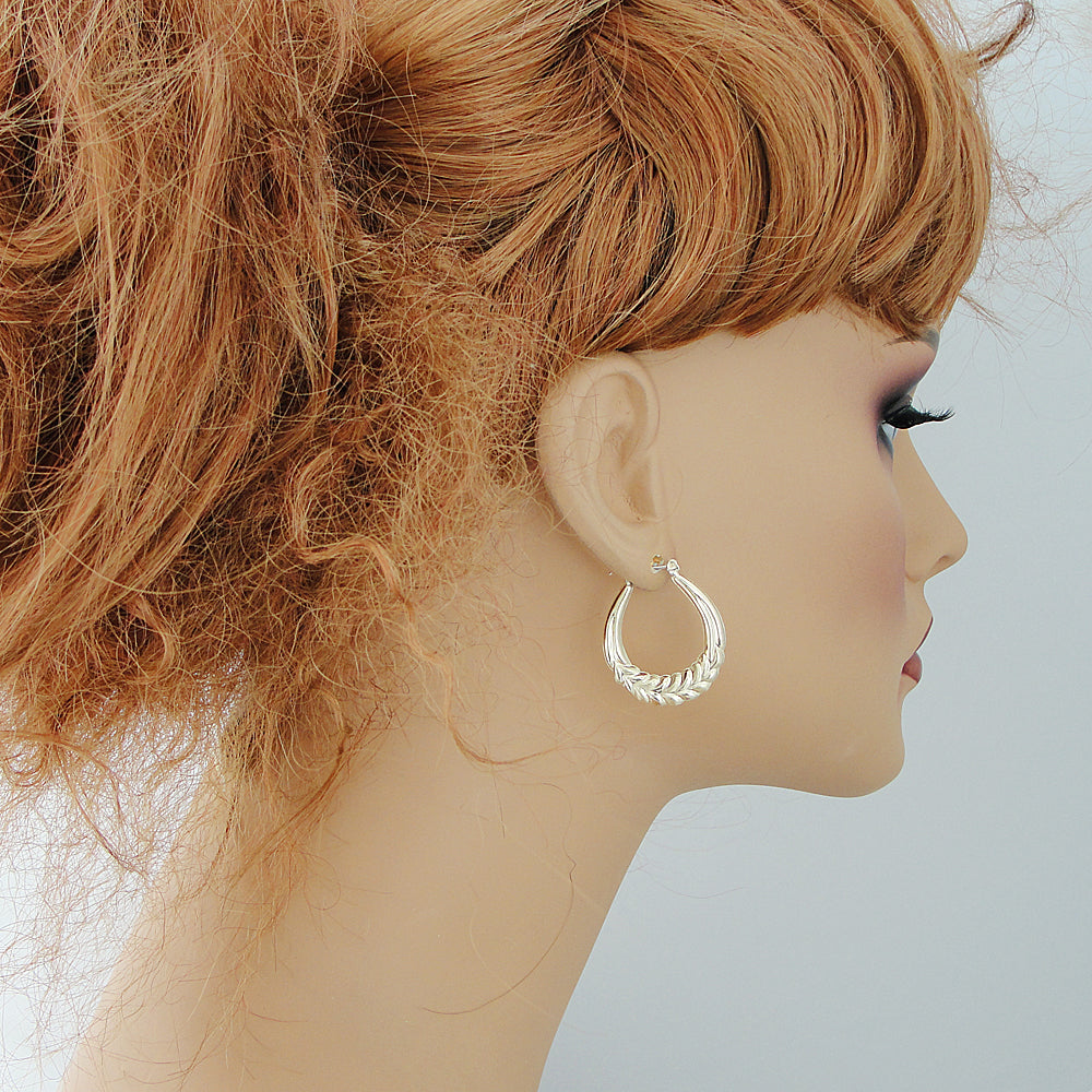 10k Wheat Design Hollow Hoop Door Knocker Drop Down Earrings 1 inch wide