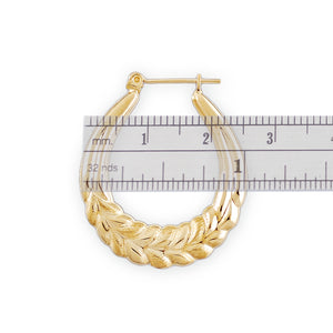 Side profile view of 10K gold small wheat pattern door knocker hoops showing hinged snap closure