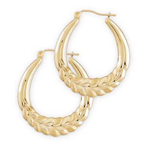 A pair of 10k yellow gold hoop earrings with a wheat design, featuring a hollow door knocker style.