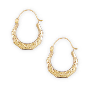A pair of small 10kt gold hollow drop down earrings with door knocker design, displayed against a white background.