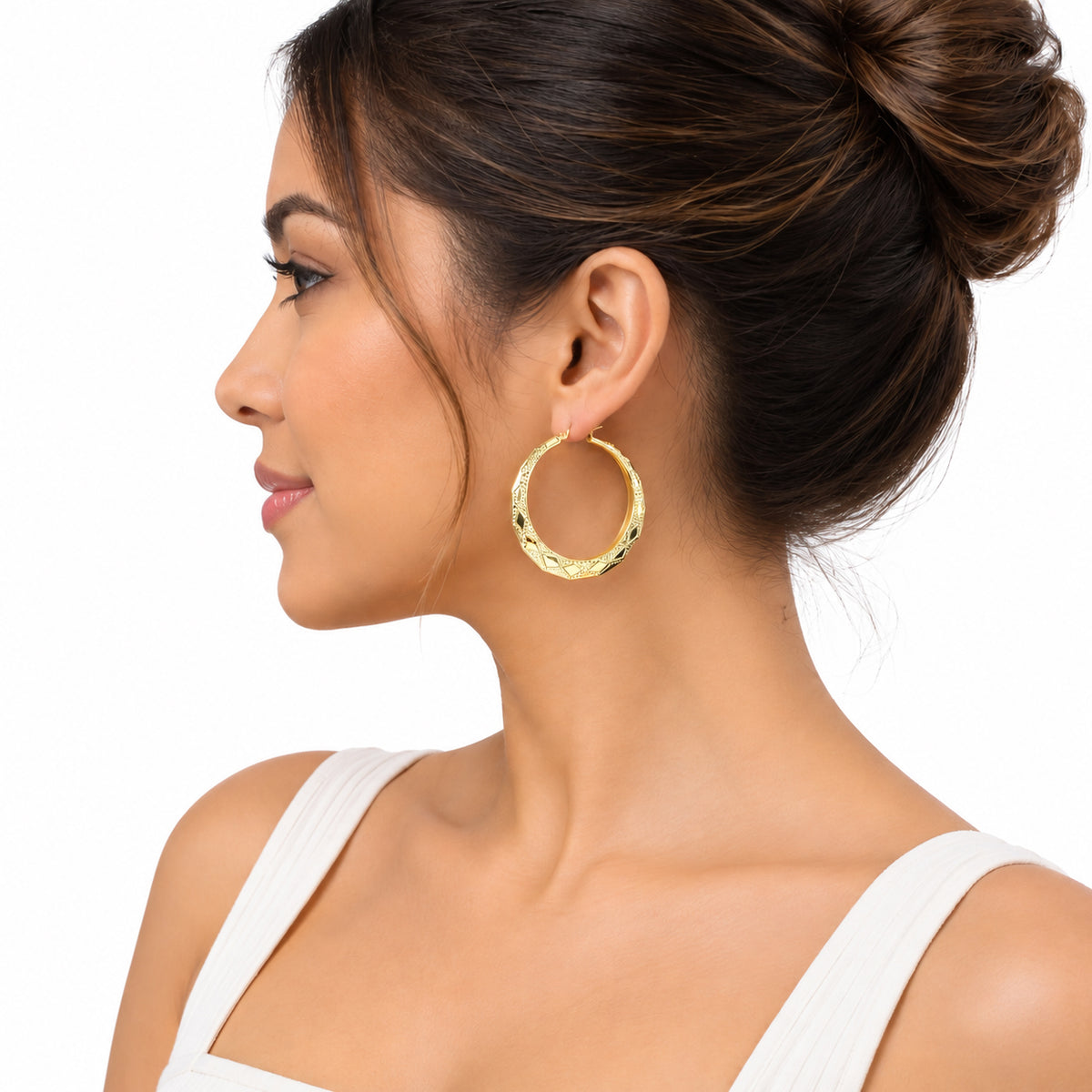 10k Yellow Gold Patterned Doorknocker Hoop Earrings (2")