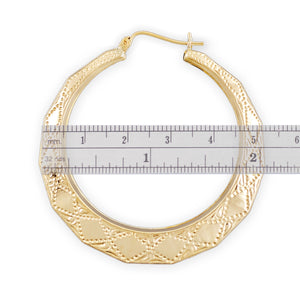 10k Yellow Gold Patterned Doorknocker Hoop Earrings (2")