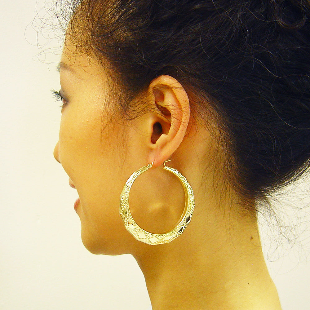 10k Real Gold Hollow Door knocker Patterned Hoop Earrings 2.1 inches