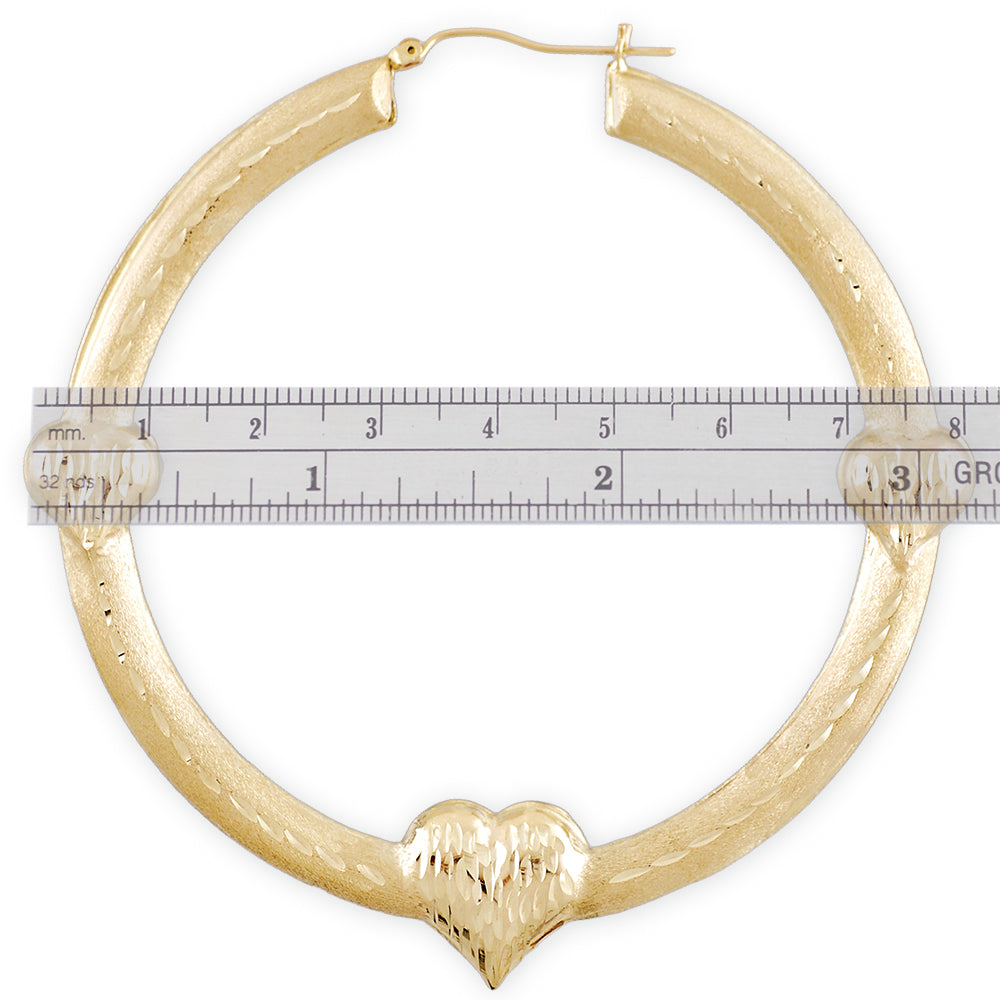 Extra Large 10k Real Gold Diamond Cuts Puffy 3 Hearts Door Knocker Hoop Earrings 3 inches