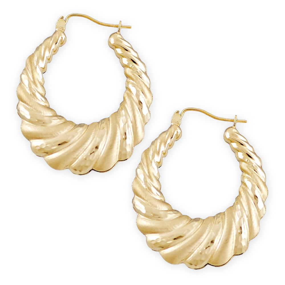 10k Real Gold Diamond Cuts Shrimp Style Door Knocker Swirl Earrings 1.25 Inch Wide