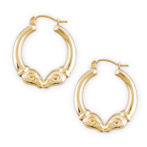 10k Yellow Gold 2 Ram Heads Door Knocker Hoop Earrings 1 Inch