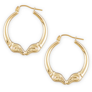 10K Real Yellow Gold Dual Ram's Head Door Knocker Hoop Earrings on White Background